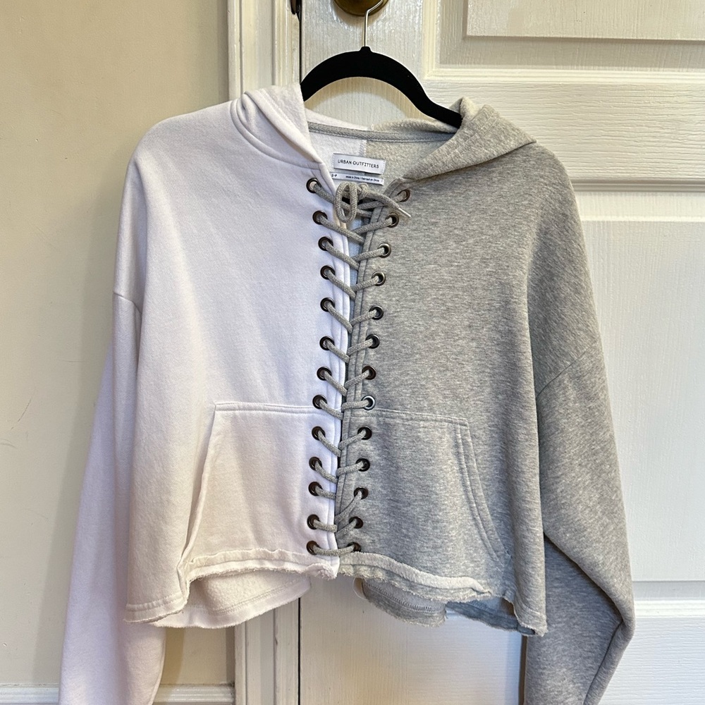Urban Outfitters tie color block grey and white sweatshirt w hood